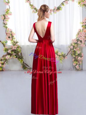 Elegant Floor Length Red Wedding Guest Dresses Satin Sleeveless Beading and Appliques