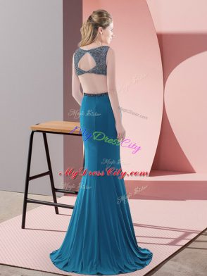 Dazzling Blue Prom and Party and Military Ball with Beading Scoop Sleeveless Sweep Train Backless