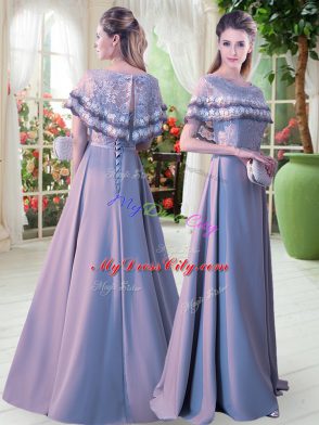 Floor Length A-line Short Sleeves Grey Prom Evening Gown Lace Up