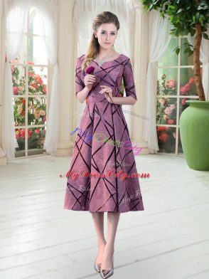 Tea Length Pink Half Sleeves Ruching