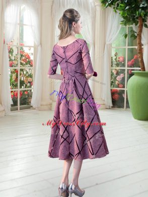 Tea Length Pink Half Sleeves Ruching