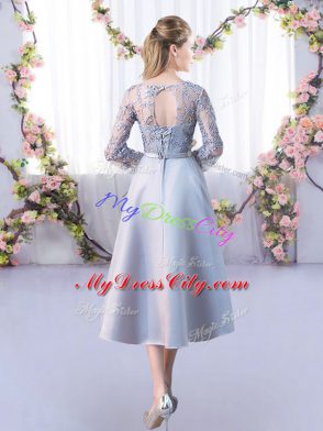 Trendy Tea Length Silver Quinceanera Court of Honor Dress V-neck 3 4 Length Sleeve Lace Up