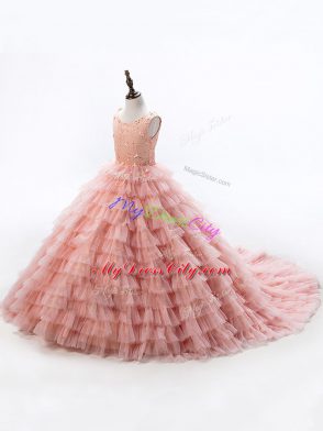 Latest Pink Ball Gowns Scoop Sleeveless Court Train Lace Up Beading and Ruffled Layers Winning Pageant Gowns