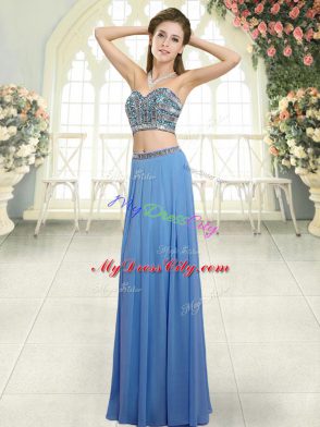 Glamorous Sleeveless Chiffon Floor Length Backless Prom Party Dress in Blue with Beading