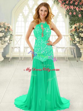 Adorable Turquoise Prom Gown Prom and Party with Lace Scoop Sleeveless Brush Train Backless