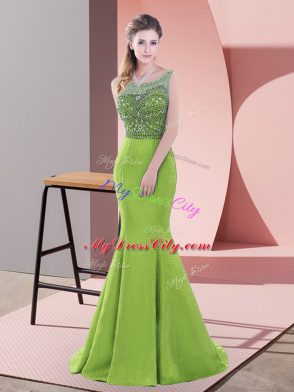 Beautiful Sleeveless Beading and Lace Lace Up Dress for Prom with Green Sweep Train