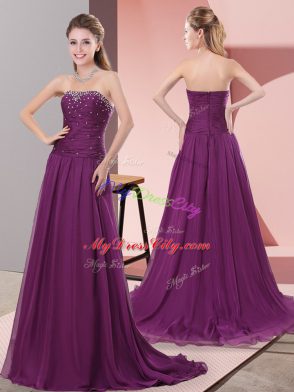 Flirting Purple Strapless Zipper Beading and Lace Prom Dress Sweep Train Sleeveless