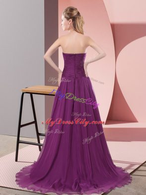 Flirting Purple Strapless Zipper Beading and Lace Prom Dress Sweep Train Sleeveless