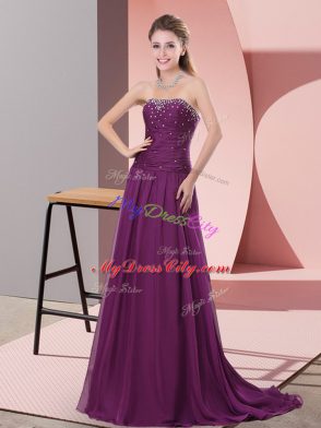 Flirting Purple Strapless Zipper Beading and Lace Prom Dress Sweep Train Sleeveless