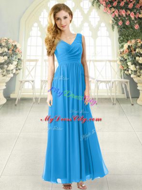 Blue Zipper V-neck Ruching Evening Wear Chiffon Sleeveless