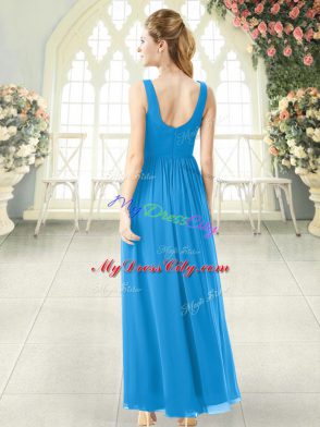 Blue Zipper V-neck Ruching Evening Wear Chiffon Sleeveless