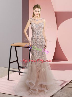 Exceptional Brown Mermaid Beading Prom Party Dress Zipper Tulle Sleeveless Floor Length