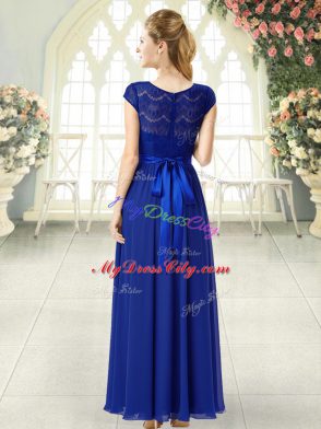 Cheap Lace Womens Evening Dresses Royal Blue Zipper Cap Sleeves Ankle Length