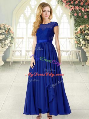 Cheap Lace Womens Evening Dresses Royal Blue Zipper Cap Sleeves Ankle Length