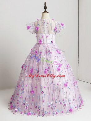Fashionable Floor Length Lilac Little Girl Pageant Dress Tulle Short Sleeves Hand Made Flower
