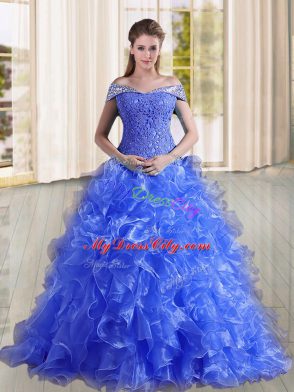 Exceptional Blue Lace Up Off The Shoulder Beading and Lace and Ruffles Quinceanera Dresses Organza Sleeveless Sweep Train