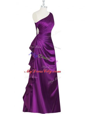 Customized Elastic Woven Satin One Shoulder Sleeveless Side Zipper Beading and Ruching and Pleated Prom Party Dress in Purple