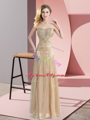 Latest Champagne Sleeveless Floor Length Beading Zipper Prom Dresses