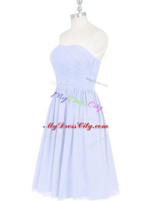 Strapless Sleeveless Prom Evening Gown Knee Length Ruching and Pleated Light Blue Chiffon