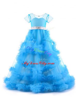 Baby Blue Short Sleeves Floor Length Beading and Ruffles Backless Pageant Dress for Girls