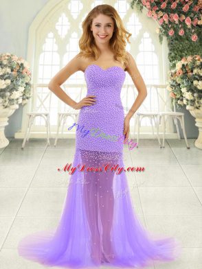 Great Lavender Mermaid Sweetheart Sleeveless Tulle Brush Train Zipper Beading Evening Dress