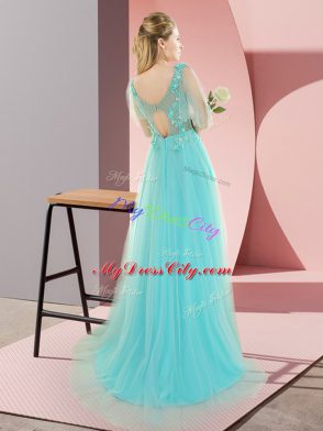 Edgy Aqua Blue Tulle Backless Scoop Sleeveless Sweep Train Appliques