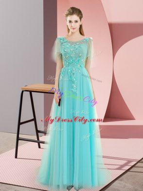 Edgy Aqua Blue Tulle Backless Scoop Sleeveless Sweep Train Appliques