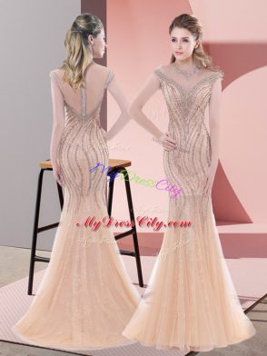 Free and Easy Peach Evening Dress Scoop Sleeveless Sweep Train Zipper