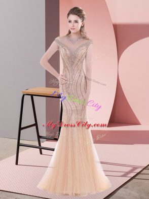 Free and Easy Peach Evening Dress Scoop Sleeveless Sweep Train Zipper