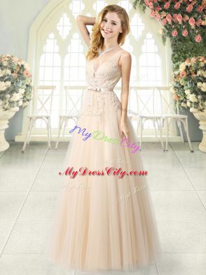 Unique Champagne Zipper V-neck Appliques Prom Evening Gown Tulle Sleeveless