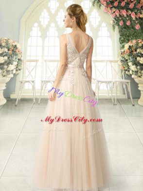 Unique Champagne Zipper V-neck Appliques Prom Evening Gown Tulle Sleeveless