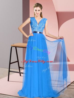 Fashionable Sweep Train Empire Evening Dress Blue V-neck Tulle Sleeveless Zipper