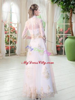 Extravagant Tulle High-neck 3 4 Length Sleeve Zipper Appliques Prom Evening Gown in White