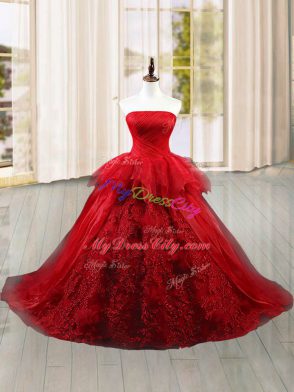 Sleeveless Tulle Brush Train Lace Up Ball Gown Prom Dress in Wine Red with Lace and Ruffles