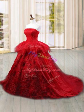 Sleeveless Tulle Brush Train Lace Up Ball Gown Prom Dress in Wine Red with Lace and Ruffles