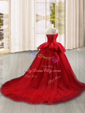 Sleeveless Tulle Brush Train Lace Up Ball Gown Prom Dress in Wine Red with Lace and Ruffles