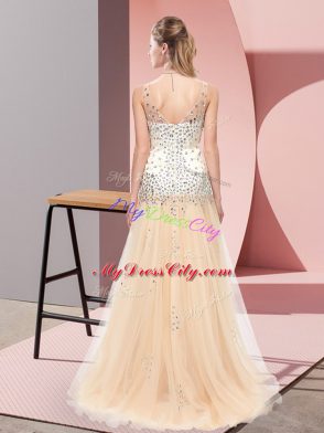 Champagne Zipper V-neck Beading Tulle Sleeveless Sweep Train