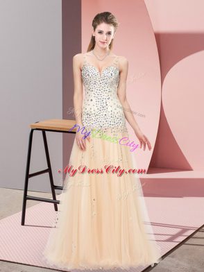 Champagne Zipper V-neck Beading Tulle Sleeveless Sweep Train