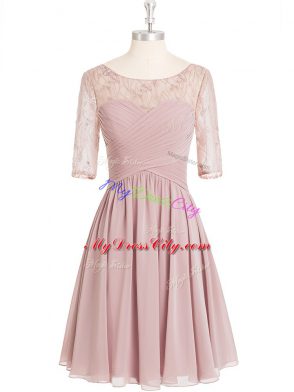 Clearance Knee Length Pink Prom Evening Gown Chiffon Half Sleeves Lace and Ruching