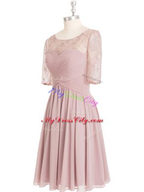 Clearance Knee Length Pink Prom Evening Gown Chiffon Half Sleeves Lace and Ruching