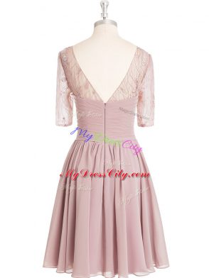 Clearance Knee Length Pink Prom Evening Gown Chiffon Half Sleeves Lace and Ruching