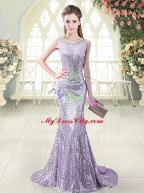 Trendy Scoop Sleeveless Sequined Evening Dress Beading Brush Train Zipper