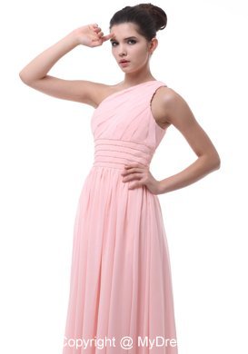 One Shoulder Ruching and Beading Decorate Junior Bridesmaid Dress