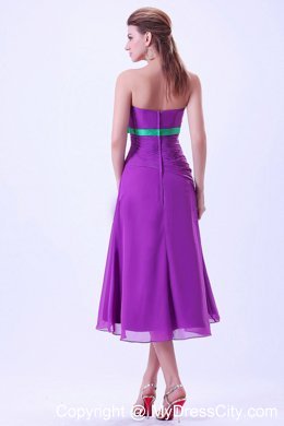 Purple Tea-length Chiffon Column Bridemaid Dress with Green Belt