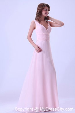 Floor-length Baby Pink V-neck Chiffon Maternity Bridesmaid Dress