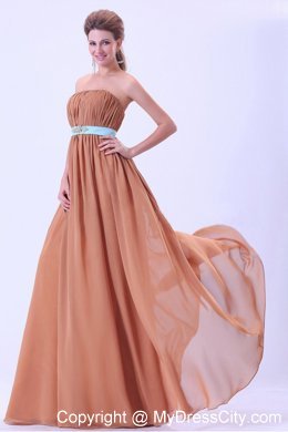 Rust Red Floor-length Ruching Chiffon Dresses For Bridesmaid with Blue Belt