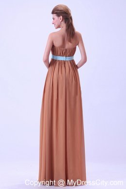 Rust Red Floor-length Ruching Chiffon Dresses For Bridesmaid with Blue Belt