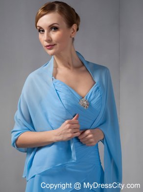 Sky Blue Column High-low Ruched Layers Maid of Honor Dress with Shawl