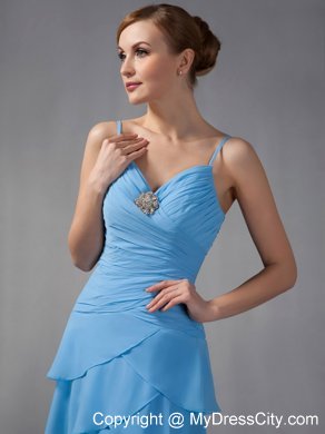 Sky Blue Column High-low Ruched Layers Maid of Honor Dress with Shawl