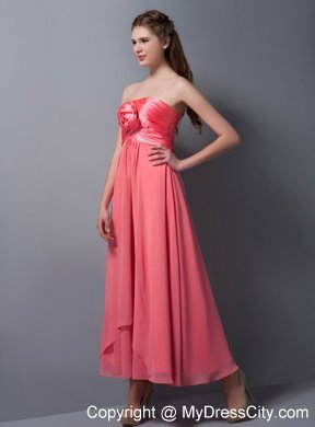 Watermelon Red Ankle-length Empire Ruching Bridesmaid Dress with Flower